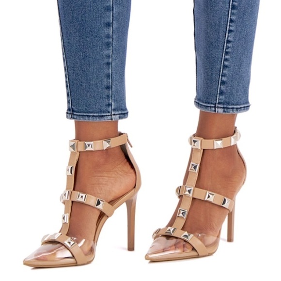 INC International Concepts Clear Pointed Toe Strappy Studs Heel Nude Pumps - Picture 2 of 15